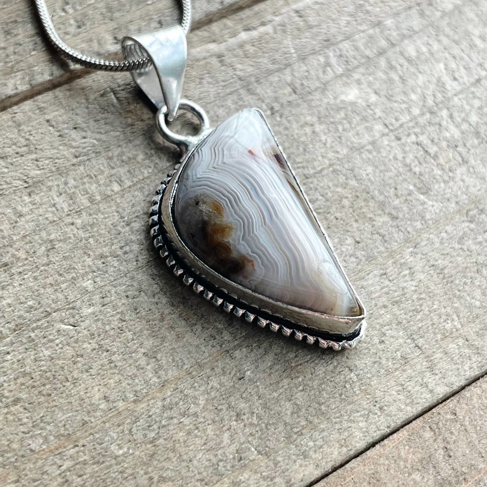 Crazy Lace Agate Pendant Necklace in 925 Sterling on 18" Silver Snake Chain #053